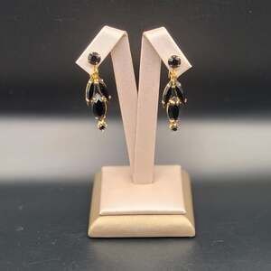 Vintage Black Onyx Marquise Cut Gold Tone Dangle Earrings